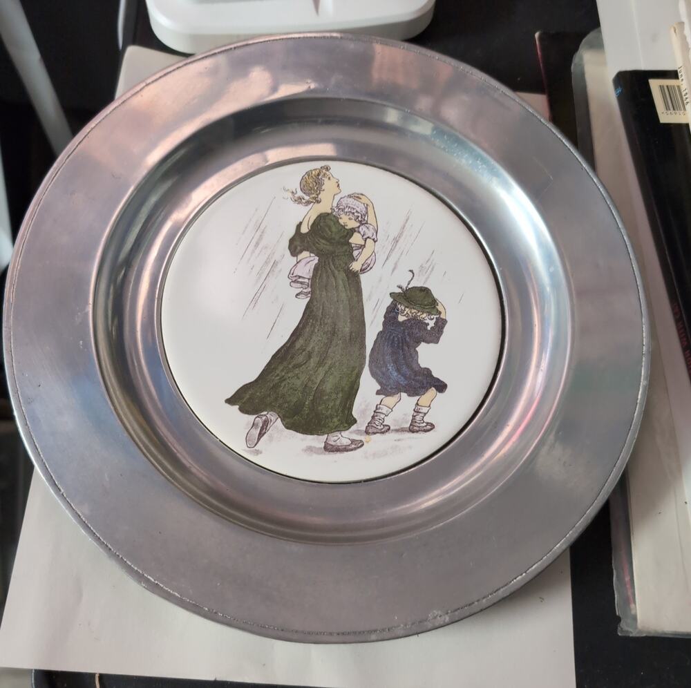 Vintage Wilton Armetale Kate Greenaway Family in Rain Plate Pewter RWP 1970s